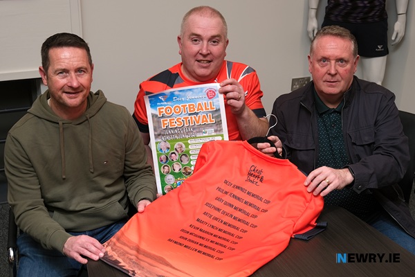 Raymond Mullan Memorial Cup - Darren Mullan, left and John Doran with Marty Jennings, Desy Jennings Football Festival. Photograph: Columba O'Hare/ Newry.ie 