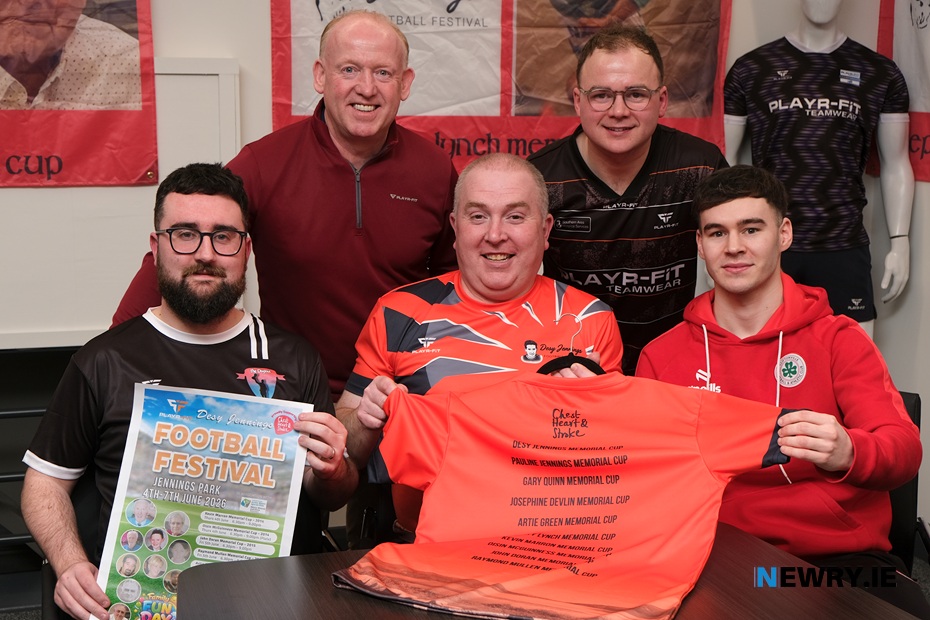 Announcing Playr-Fit as the main sponsors of the Desy Jennings Football Festival were from left: Daniel Donnelly, The Dugout; Kieran Quinn, Player-Fit; Marty Jennings, Darren McPolin, Playr-Fit and Adam Carroll, Cliftonville FC. Photograph: Columba O'Hare/ Newry.ie 