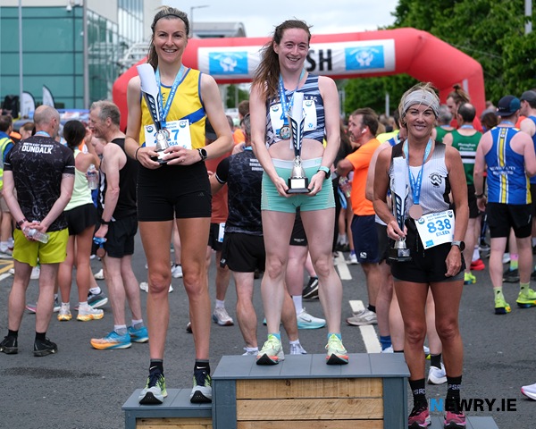 The first three women home in the Newry Half Marathon. Hayley McAteer, 27, Lagan Valley Athletic Club, 1st; Melissa Eccles, North Down Athletic Club, 2nd and Eileen Stevenson, St Peter's Athletic Club, 3rd. Photograph: Columba O'Hare/ Newry.ie 