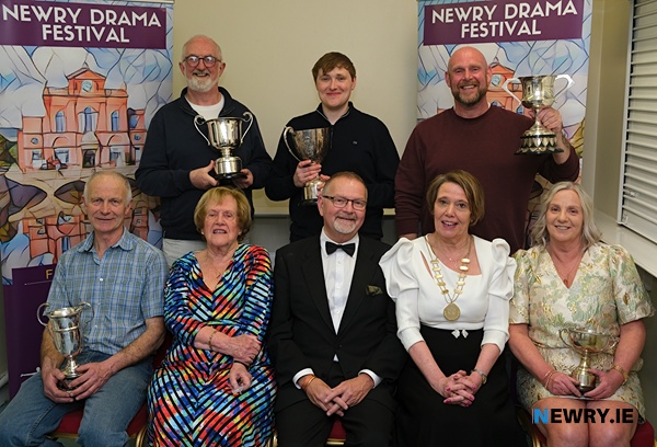 Members of Bunclody/ Kilymyshall Drama Group who came third at Newry Drama Festival pictured with festival committee members and the adjudicator. Included from left: Michael Dunbar on behalf of Liam Farrell, Billy Canning, Eileen Mooney, Vice Chairperson; Tim Connaughton, Tony Finnegan, Adjudicator; Kate Carragher, Chairperson; Tynan Hooper and Josephine Byrne. Photograph: Columba O'Hare/ Newry.ie 