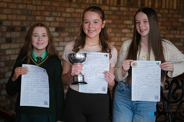 Girls from Pamela Castles School of Performance, Portadown who excelled in the Speech and Drama Open Classes at Newry Musical Feis. Included from left were: Enya Livingstone, winner of the Mary Delargy Memorial Perpetual Challenge Cup for the Highest mark in any solo drama where own choice is permitted; Sofia Plumb winner of the Tavey Bros Perpetual Challenge Cup for the Most versatile performer over 10 and under 14 years, and Brooke Purdy winner of the Ida Rowe Perpetual Challenge Cup for First Prize Winners in Classes 113-116 and the FPM Chartered Accountants Cup awarded to the Adjudicator's Choice. Photograph: Columba O'Hare/ Newry.ie