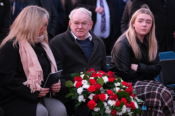 Alan Black pictured with family members at the  50th Anniversary Memorial service for Kingsmills victims in Bessbrook Town Hall. Photograph: Columba O'Hare/ Newry.ie