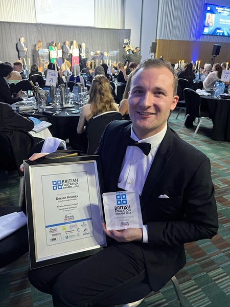 Declan with his vocational award at the British Education Awards in February 2024.
