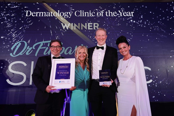 Dermatology Practice of the Year - Dr Finbar's Skin Clinic: Garry McCabe, Elaine Campbell Murphy and Dr Finbar with Natasha Hayes from category partner, Church Pharmacy picking up the award for Dermatology Practice of the Year.