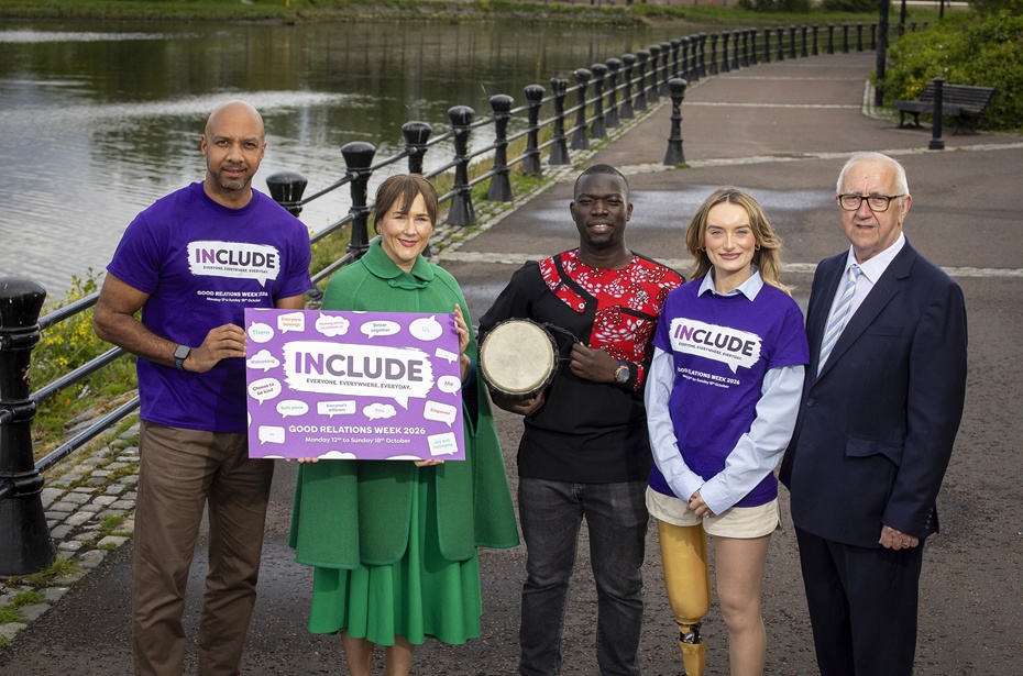 Pictured at the launch of Good Relations Week 2026 are Bernadette Hagans, campaigner and disability advocate; Ibe Sesay, radio presenter and DJ; Aroma Kennedy, originally from Uganda, performing with his African drum; Moira Doherty, Permanent Secretary of The Executive Office; and Martin McDonald MBE, Chair of the Community Relations Council.