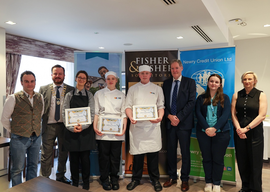 The winning team at the SRC Generation Chef regional heat alongside Newry Rotary Club representatives and event sponsors. Pictured (L-R): Eóin McConville (representing Fisher & Fisher Solicitors and Newry Rotary Club), Alan Griffen (President of Newry Rotary Club & Manager of WBR Credit Union Ltd), Katie Gray (Hospitality Level 2 Traineeship), Eva Newell (Professional Chef Level 2 Traineeship), Leon Ruddy (Professional Chef Level 2 Traineeship), Paul Fitzsimons (Fitzsimons Mallon Limited), Holly Rodgers (Newry Credit Union), Catherine Collins (WBR Credit Union).
