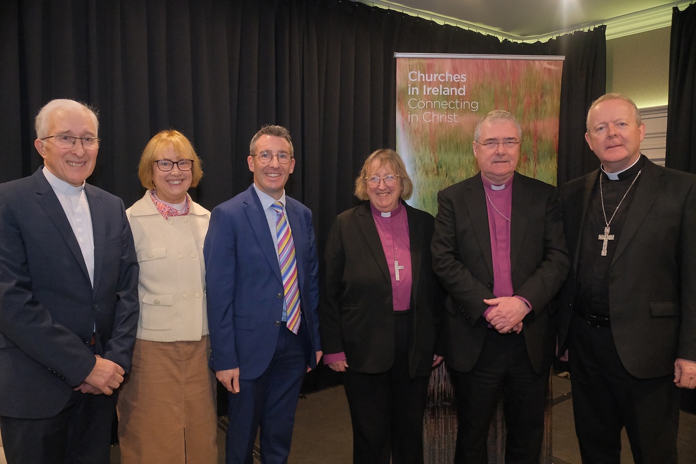 Attending the 'Let justice flow like rivers' care for creation conference in Newry included from left: Very Rev Dr John Kirkpatrick, Presbyterian Church in Ireland; Rev Dr Heather Morris, Methodist Church in Ireland and co-secretary of the Church Leaders' Group; Mr Andrew Muir, NI Minister for Agriculture, Environment and Rural Affairs; Bishop Sarah Groves, Moravian Church Irish District and President of the Irish Council of Churches; Archbishop John McDowell, Church of Ireland Primate; and Archbishop Eamon Martin, Catholic Primate. Photograph: LiamMcArdle.com