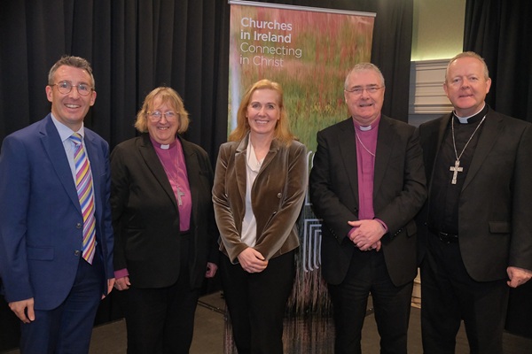 Andrew Muir MLA, NI Minister for Agriculture, Environment and Rural Affairs; Bishop Sarah Groves, President Irish Council of Churches; Karen Campbell, ICC; Archbishop John McDowell and Archbishop Eamon Martin at Let Justice Flow Like Rivers Conference  17 January 2026 Canal Court Hotel Newry   CREDIT: LiamMcArdle.com