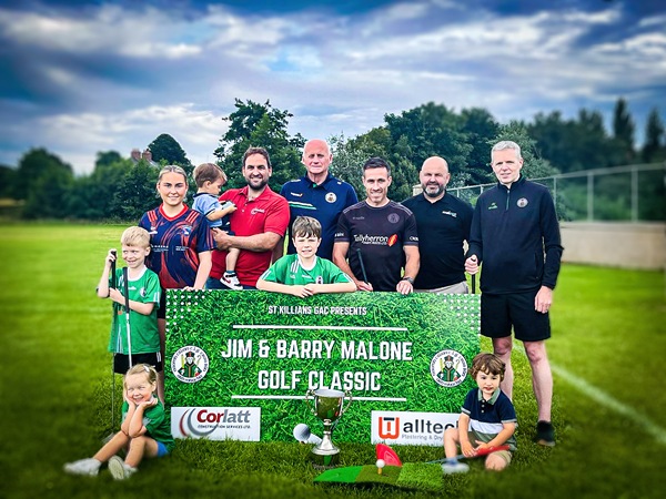 Launching the countdown to the inaugural Jim and Barry Malone Golf Classic on Saturday 23rd August 2025 at Ashfield Golf Course, Cullyhanna are l-r Ruby Murphy, St Killian’s GAC and Armagh Minors, Patrick and Rory Malone, Corlatt Construction Services Ltd, Kieran Shields, Chairman, St Killians GAC and Tullyherron Farm Feeds, Michael Malone, Walltech Drylining and Plastering, Shane Malone, Malcor Fitout Ltd, Brian McKeown, Treasurer, St Killian’s GAC. (Front) Logan, Ethan, Zola and Reilly Malone.