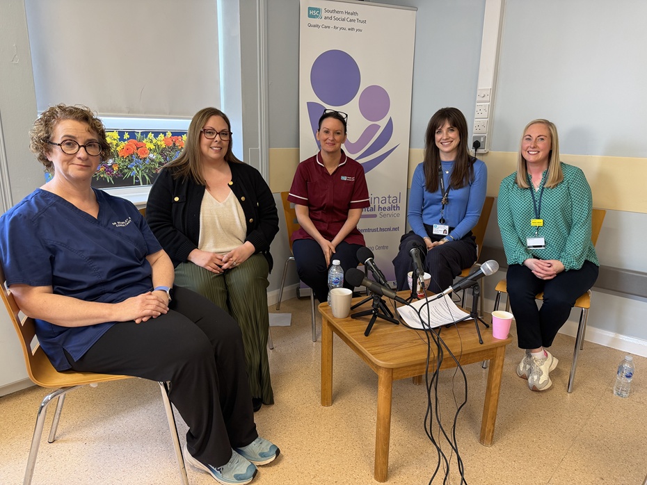 Beverley Adams (Consultant Obstetrician), Louise (mum with lived experience), Leanne Armstrong (Perinatal Team Midwife), Dr Sarah Lowry (Consultant Psychiatrist) and Kayley Lamont (Perinatal Team Key Worker), who all took part in the Southern Health and Social Care Trust’s Maternal Mental Health Awareness Week video and podcast, reflecting this year’s theme, ‘A Decade of Voices’, by sharing lived experience and professional insight.