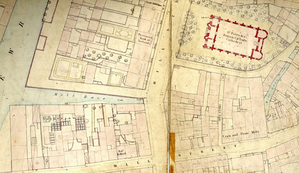 Ordnance Survey map of Newry, illustrating the remaining portions of the Mill Race, still left uncovered at this time. Newry & Mourne Museum Collection