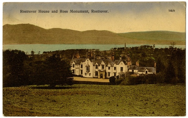 Picture postcard of ‘Rostrevor House and Ross Monument, Rostrevor’, dated 1926. Once called ‘Bladensburgh’, the building was designed by William Deane Butler of Dublin for the widow of General Ross in memory of her husband.  Newry & Mourne Museum Collection