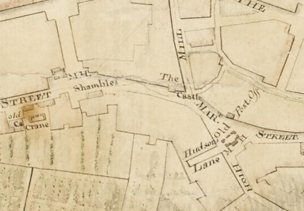 Old market house in Market Street (at bottom of High Street) built in early 18th century. As seen in Wren Map of Newry from 1761. The castle in view is Crilly’s Castle. Map also show’s Castle Street Market House built c.1750 then considered upper Boat Street and also described on Rocque Map of Newry 1760 as a Meal Market. 
