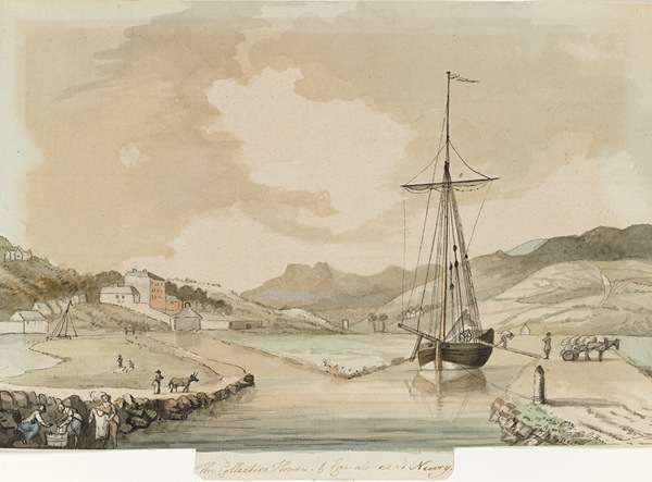The Collectors House and Canal near Newry c1787 by John Nixon (c1750-1818) ©Armagh County Museum Collection. This painting shows the pathway from the original sea lock on the left as well as the newer Ship Canal on the right.
