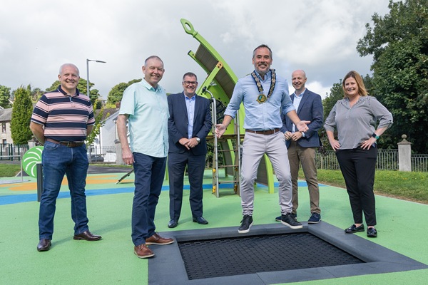 At the official opening of the Village Green Playpark in Belleeks, Newry, Mourne and Down District Council Chairperson, Councillor Philip Campbell is pictured with (from L to R) Gerard McKeever, Outdoor Leisure and Sports Development Officer Newry, Mourne and Down District Council (NMDDC); Cllr Mickey Larkin, Conor Haughey, Assistant Director Healthy Living NMDDC; Andrew Patterson, Director of Active and Healthy Communities NMDDC and Cllr Oonagh Magennis.