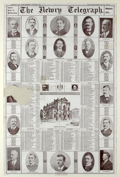 Newspaper Supplement 1914  'Newry Telegraph – 102nd year of publication, Almanac 1914', supplement to the Newry Telegraph newspaper, featuring prominent people of Newry in 1914. Includes pictures and a list of dates of significance. Newry and Mourne Museum
