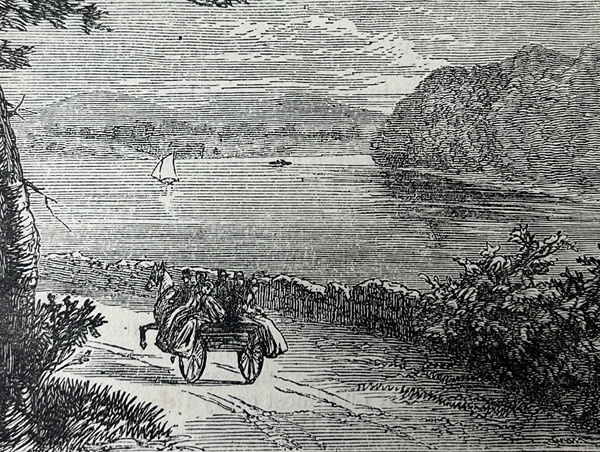 Etching featured in Shaw’s Picturesque Guide to Carlingford Bay, 1846, illustrating a riding car travelling along the road near Greenwood House.