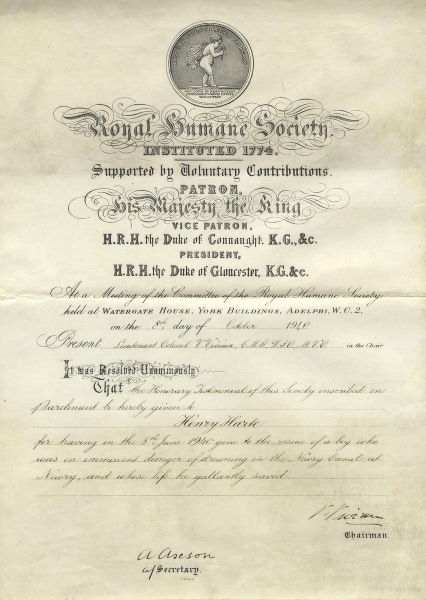 A certificate awarded for a rescue of a drowning boy in Newry canal by Henry Harte in October 1940. Newry & Mourne Museum collection.   