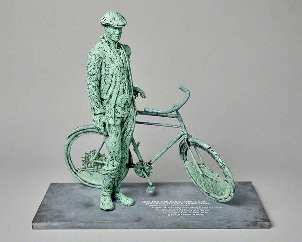 Maquette by Barry Linnane of Patrick Rankin with his bicycle. The sculpture, which is located on the Dublin Bridge, Newry, was commissioned by Newry, Mourne & Down District Council.