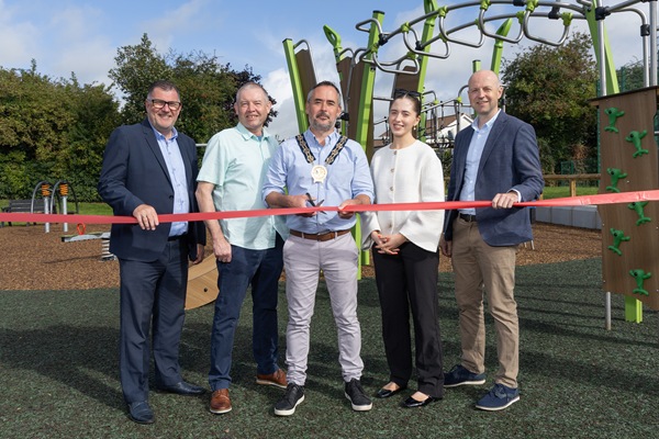 Newry, Mourne and Down District Council Chairperson, Councillor Philip Campbell officially opens Conway Park, Mullaghbawn pictured with (From L to R) Conor Haughey, Assistant Director Healthy Living Newry, Mourne and Down District Council (NMDDC); Cllr Cllr Mickey Larkin, Cllr Aine Quinn and Andrew Patterson, Director of Active and Healthy Communities NMDDC.