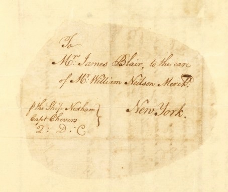  Letter to Jemmy Blair in New York. 18th century addresses illustrate that names were more important than postcodes.  Courtesy of the Deputy Keeper of the Records, the Public Record Office of Northern Ireland.