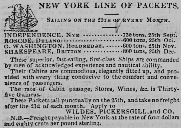 Advert for the George Washington in the Liverpool Albion, 2nd September 1839.