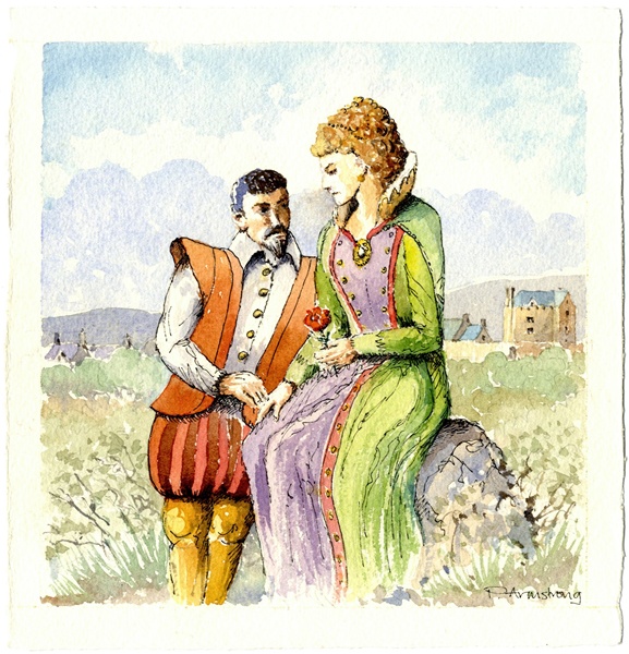 Watercolour interpretation of the courtship of Mabel Bagenal and Hugh O’Neill. The red rose is used to symbolise their love Newry and Mourne Museum Collection