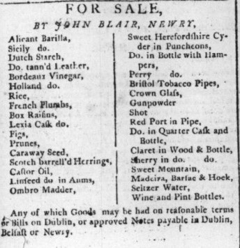 James Blair’s advertisement in the Belfast Newsletter,  August 1792, offering goods for sale.