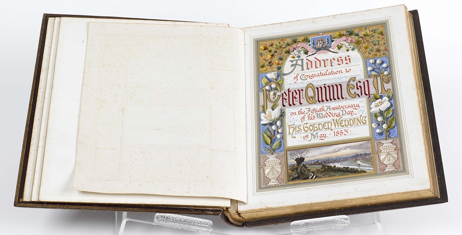 Illuminated address presented to Peter Quinn by local businessmen and landowners on his fiftieth wedding anniversary in 1885. Newry and Mourne Museum Collection