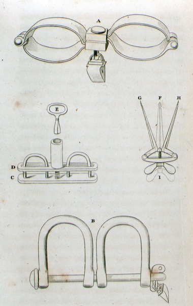Early 19th century diagram of shackles produced in Liverpool and used on board slaving ships.	