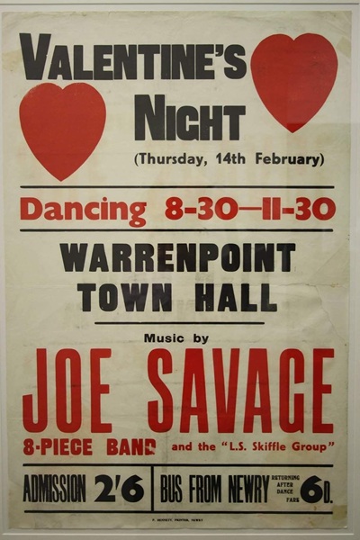 Poster advertising a dance in Warrenpoint Town Hall with music by Joe Savage and his band, @1960. Newry and Mourne Museum Collection