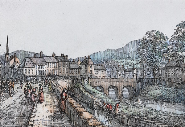 Trevor Hill, Newry, ink and watercolour painting By John T Bannon of women washing clothes in Mill Race along Trevor Hill.