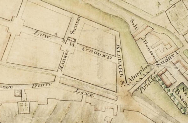1761 plan of Newry by Matthew Wren, showing the location of the market house ‘MH’ which became a courthouse c.1805. Newry & Mourne Museum Collection