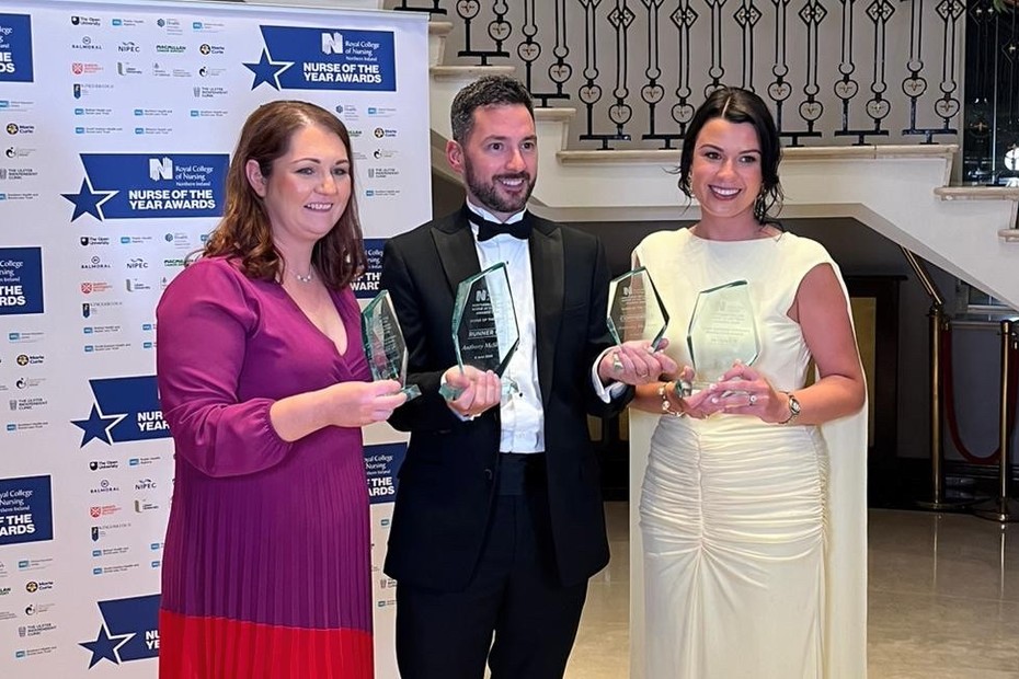 Pictured centre are Anthony McShane, an advanced nurse practitioner in the Newry Community Mental Health Team, who was runner up in the Nurse of the Year category, with right Lucy Duke, a child and adolescent mental health service nurse who was winner of the Chief Nursing Officer’s Rising Star Award and left Patrina Loughran, a learning disability nurse, who was runner up in the same category.  