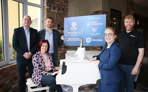 Edwina Flynn President of Newry Chamber of Commerce launches the President's Banquet with Michael Savage CEO, Principal Sponsors l-r Danny Hughes Head of Finance Centre Ulster Bank, Maireád McParland Director Canal Court Hotel and Gavin Moan Head of Sales Ireland Wood Innovations. Newry Chamber President's Banquet takes place on Friday 17th October in the Canal Court Hotel from 12-4pm.