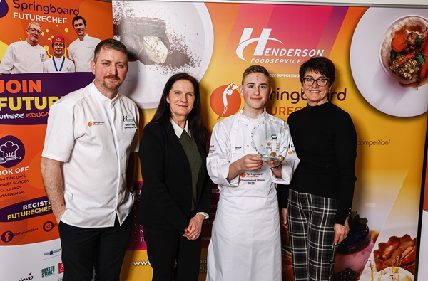Winner of the NI Final of the Springboard FutureChef competition, Lubo Mulkerns, is pictured with (from left) Chef Geoff Baird from competition sponsor, Henderson Foodservice; Angela Maher, CEO of the Savoy Educational Trust; and Caitriona Lennox, Head of Springboard Northern Ireland.