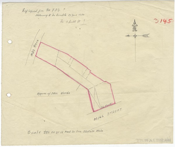 Conveyance map referring to transfer from Kilmorey to McConville, in the area of Mill Race and Mill Street, Newry, County Down.  NMM:2003.7.A.13.155 Newry & Mourne Museum Collection