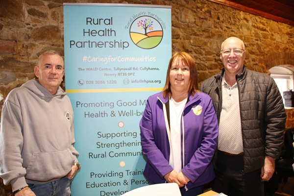 Rural Health Partnership Development Officer Majella Gollogly with Joe Hutchinson and John Fitzpatrick at the Men's Health Event in Slieve Gullion.