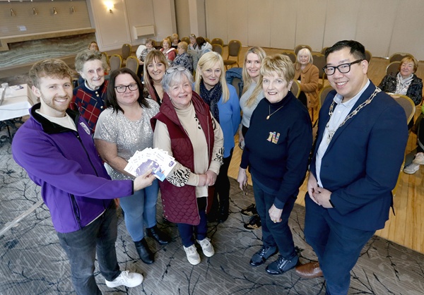 Pictured at the Blue Monday event in the Millbrook Lodge Hotel, Ballynahinch are from left: Peter Aiken, Consumer Council, Maureen McCusker, Siobhan Botsford, Downpatrick DEA Co-Ordinator, Katrina Hynds, Mary Spence, Maura Sweeney, Slieve Croob DEA Co-Ordinator, Priscilla McAlinden, Maria Doyle and Newry, Mourne and Down District Council Deputy Chairperson, Cllr David Lee-Surginor.