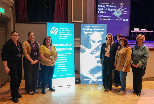 At the Newry Town Hall production of The Voice Within are (from left) Aoife Quinn, Fiona McNaughton and Helen Cranney (Women’s Aid Armagh Down), Newry, Mourne and Down District Council Deputy Chairperson, Councillor Geraldine Kearns, Patricia Downey (Spanner In The Works Theatre Company), Councillor Valerie Harte and Newry, Mourne and Down District Council’s Head of Community Engagement and Relations, Martina Flynn.