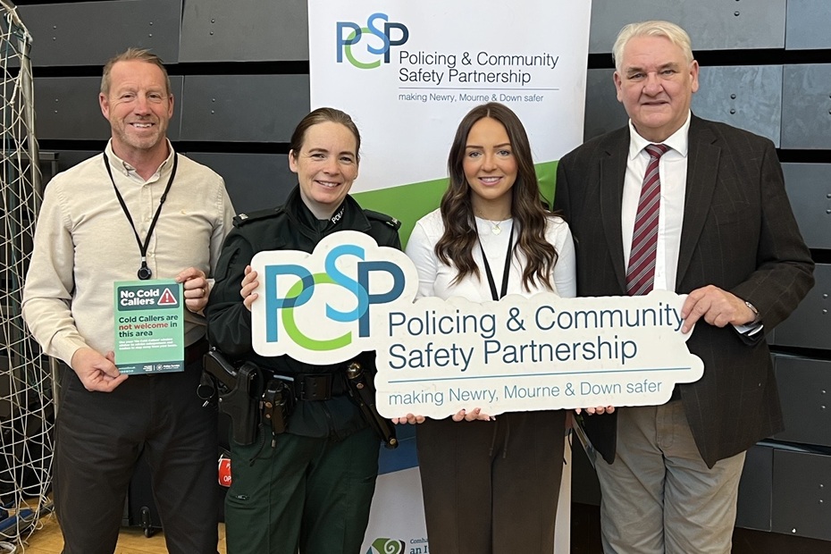 Newry Mourne and Down Policing and Community Safety Partnership (PCSP) Chairperson, Councillor Henry Reilly (right) at the Newry Health and Wellbeing event with PSNI Crime Prevention Officer Tom Jameson, PSNI Constable Flannigan and PCSP Officer Kaitlyn Martin.