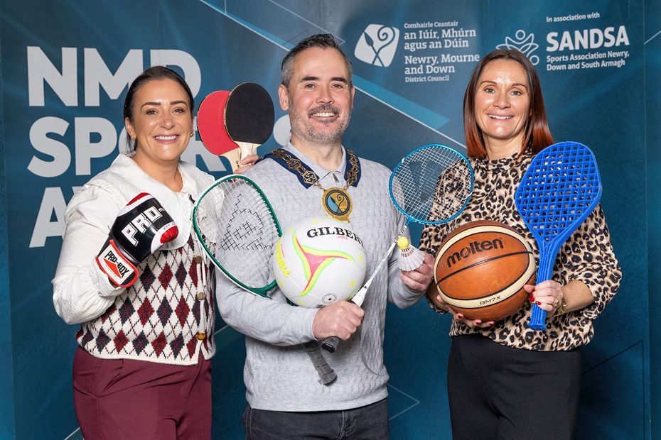 Colleen Morrison, Sports Development Officer, Newry, Mourne and Down District Council Chairperson, Cllr Philip Campbell and Acting Head of Indoor Leisure, Kerri McConnell, Newry, Mourne and Down District Council launch this year’s NMD Sports Awards.