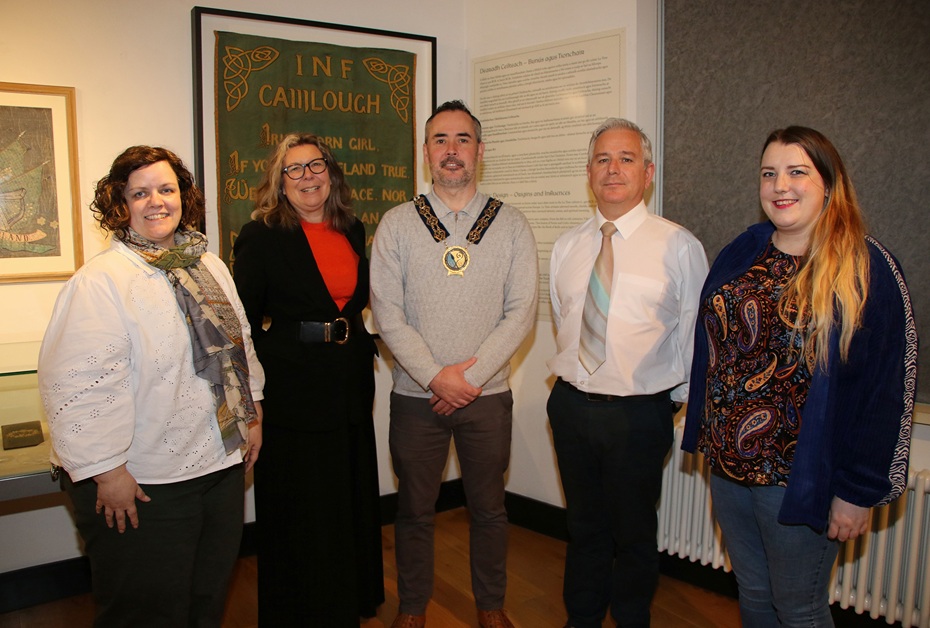 At the opening of the new Newry and Mourne Museum exhibition ‘Categorically Celtic’ with Newry, Mourne and Down District Council Chairperson, Councillor Philip Campbell (centre) are (from left) Joanne Cummins Art Collection Officer, Curator Shán Anena, Education Officer Declan Carroll and Daria Ni Fhaoláin (Newry, Mourne and Down District Council Irish Language Unit).