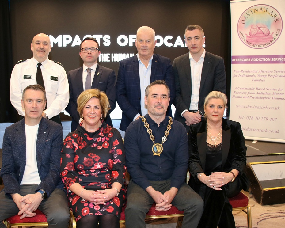 Newry, Mourne and Down District Council Chairperson, Councillor Philip Campbell (front, second right) at the premiere of new film with back row (from left) PSNI Deputy Chief Constable Ryan Henderson, Newry and Armagh MP Daire Hughes, Gavin Booth and Ciaran Mackin (Davina’s Ark Board members). Front row: Former  GAA footballer Oisín McConville, Martina Flynn (Newry, Mourne and Down District Council Head of Engagement) and Davina’s Ark Chief Executive Officer Rosemary Rooney.