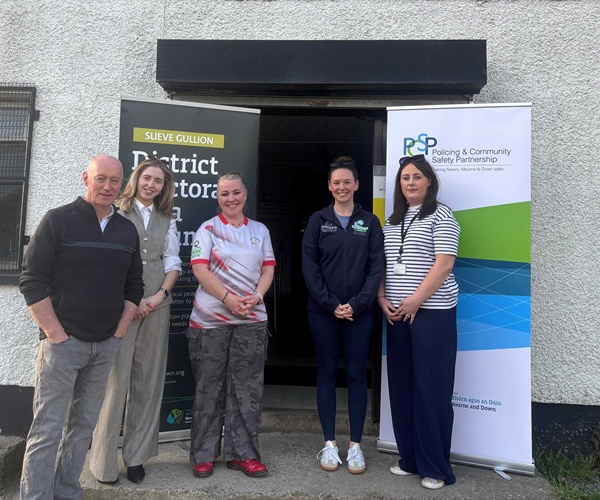 Slieve Gullion District Electoral Area (DEA) Forum Chairperson Councillor Aine Quinn (second left), with (from left), Councillor Declan Murphy, Tricia O’Neill and Ciara Sands (Road Safe NI) and Slieve Gullion District Electoral Area (DEA) Forum coordinator Aoife McComiskey at the EmpowerHER Auto Night in Camlough.