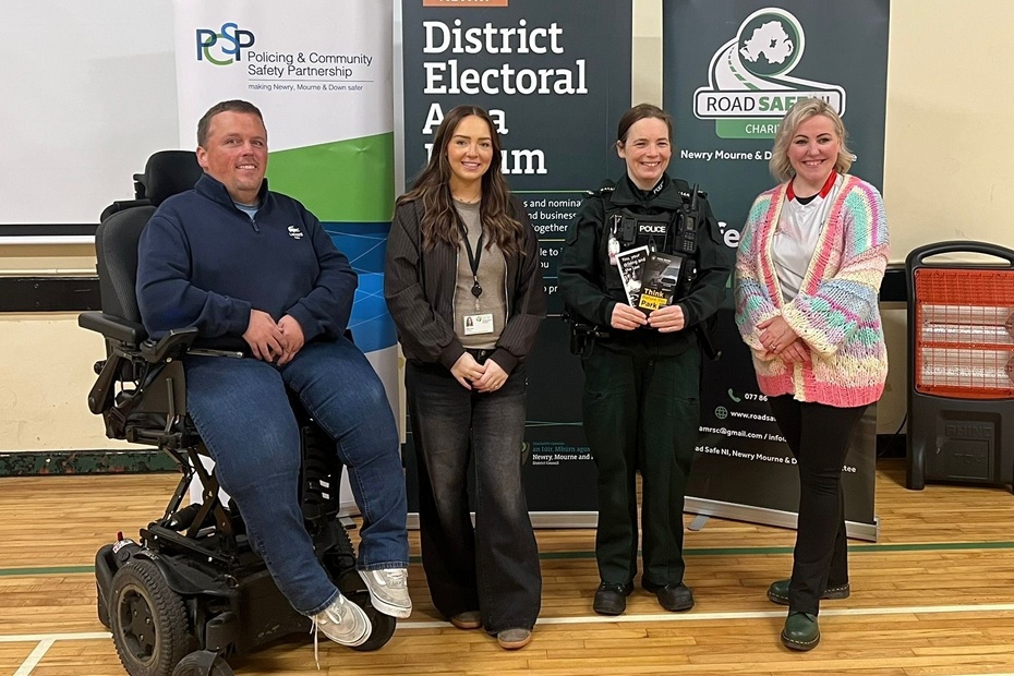 Newry District Electoral Area (DEA) Forum coordinator Padraig Harte (left) at the EmpowerHER Auto Night with (from left) Newry, Mourne and Down Policing and Community Safety Partnership (PCSP) officer Kaitlyn Martin, a PSNI Newry City Neighbourhood Team Officer and Road Safe NI’s Tricia O’Neill.