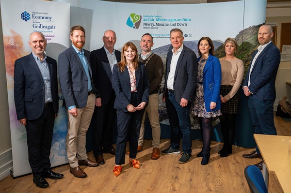 Pictured are from left: Martin Graham, Tourism NI; Alistair Quinn, Invest NI; Conor Mallon, Chair of the Local Economic Partnership and NMDDC Director of Economy, Regeneration and Tourism; Dr Caoimhe Archibald, MLA, Minister for the Economy; Newry, Mourne and Down District Council Chairperson, Cllr Philip Campbell; Conor Patterson, Newry and Mourne Enterprise Agency; Amanda Smyth, NMDDC; Emma Bohill, Down Business Centre, and John McKibben, Invest NI.