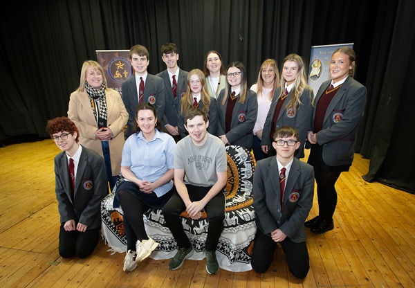 Students from Downpatrick’s Lecale Trinity Grammar with Spanner in the Works actors Ashley Montgomery and Neil Heaney, Councillor Oonagh Hanlon (Downpatrick District Electoral Area Forum vice-chairperson), DEA co-ordinator Katrina Hynds and Kerry O’Connell (Education Authority Youth Service). 