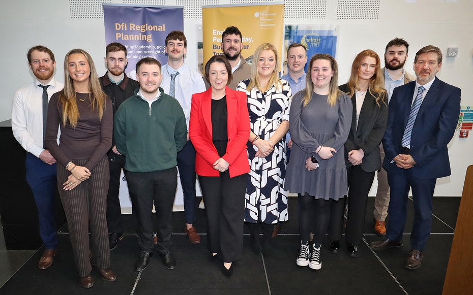  Infrastructure Minister Liz Kimmins and Chris Corken, Head of School of Science, Engineering & Construction at Belfast Metropolitan College, welcome eleven new trainee planners as they commence their Trainee Planner Programme.
