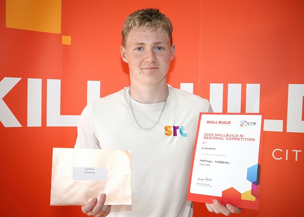 Matthew McCready from Kilcoo who placed 3rd in the plastering category at SkillBuild’s NI regional qualifier.  Matthew is a Brickwork (Wet Trades) level 2 Apprentice at SRC’s Greenbank, Newry Campus.
